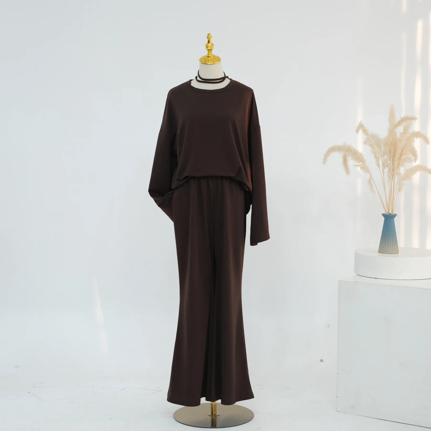 Plain 2-Piece Set - Top & Pants Modest Outfit