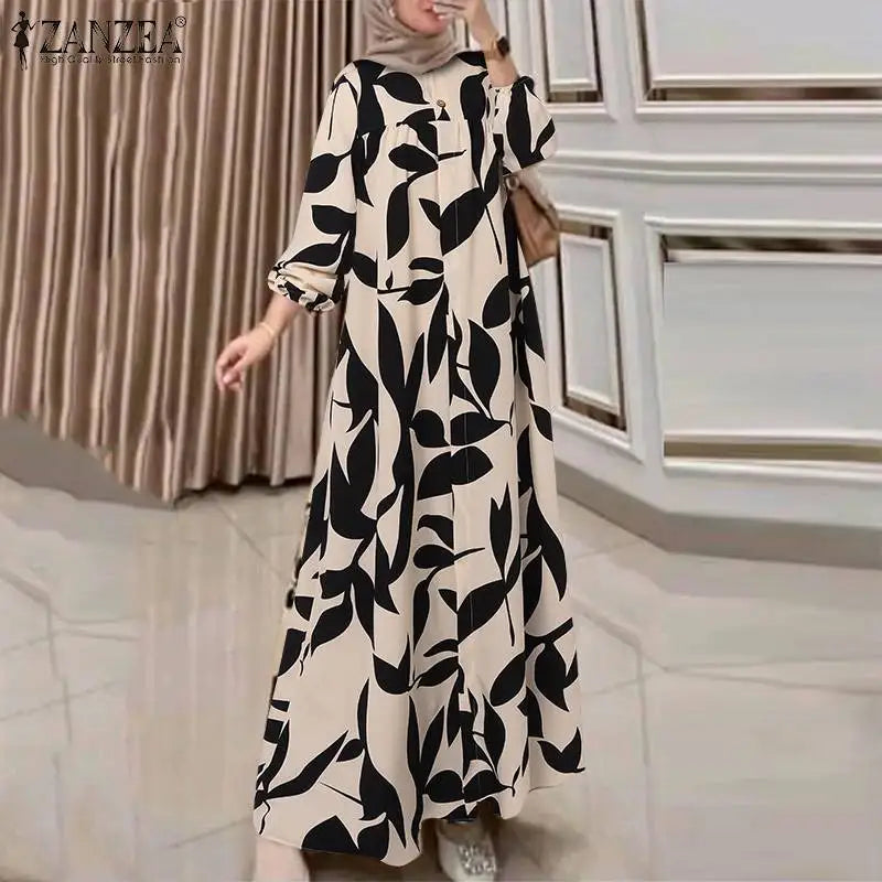 Ruffled Print Abaya - Casual A-Line Maxi Dress