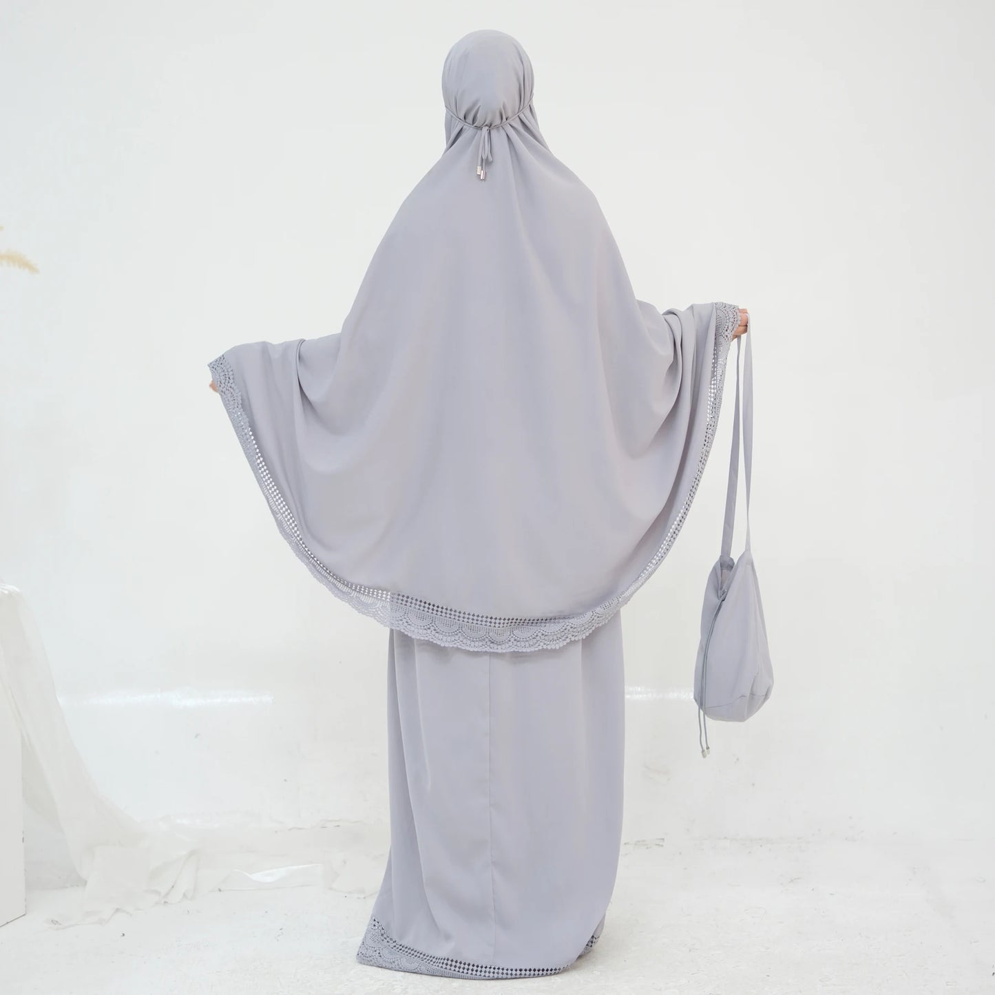 4-Piece Lace Trim Prayer Set - Complete Hijabi Salah Set with Khimar, Skirt, Rug & Pouch | Ramadan