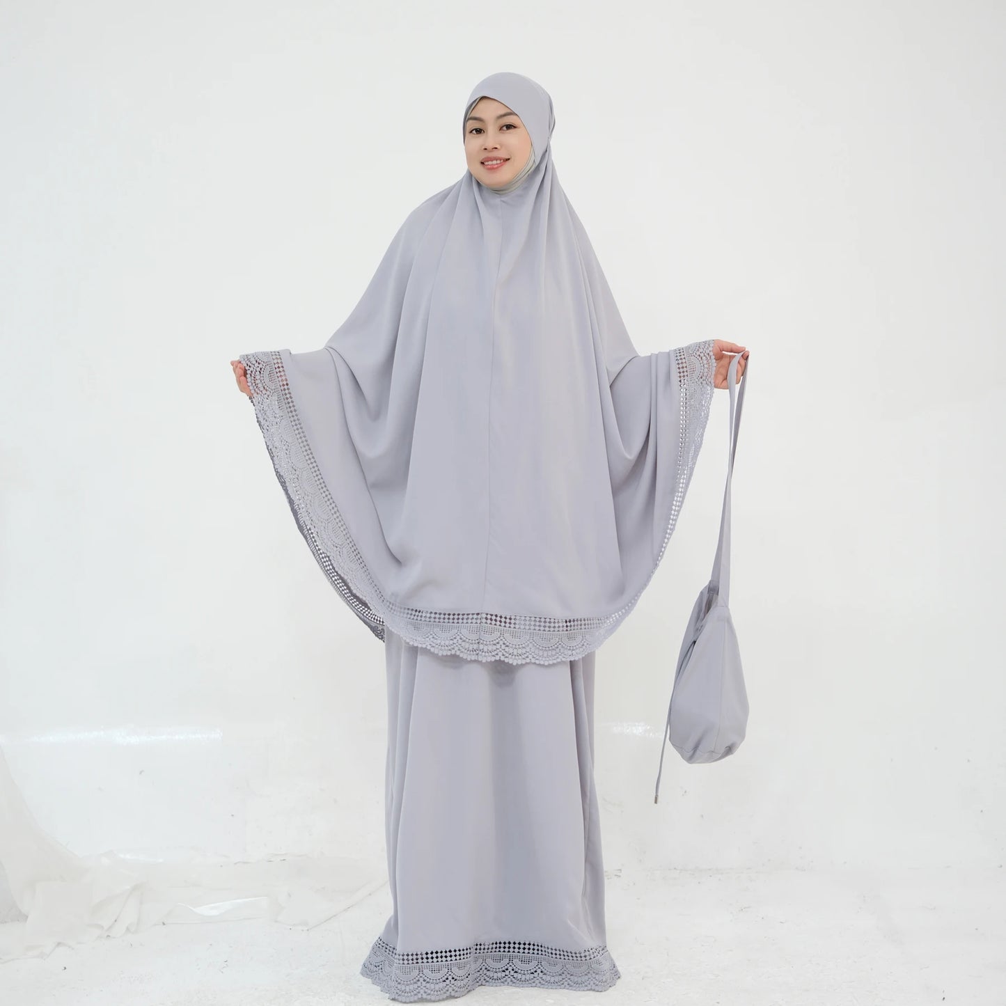 4-Piece Lace Trim Prayer Set - Complete Hijabi Salah Set with Khimar, Skirt, Rug & Pouch | Ramadan