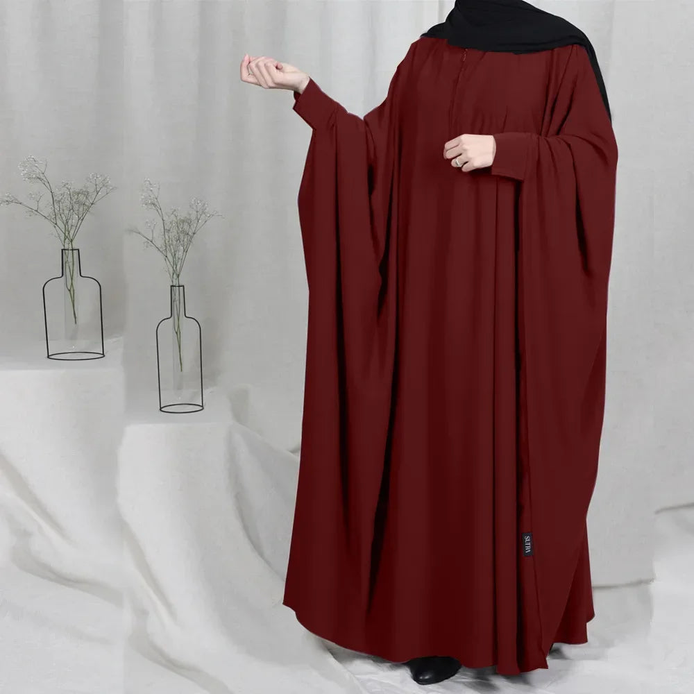 Muslim Women's Zipper Front Abaya - Modest Prayer Dress with Bat Sleeves