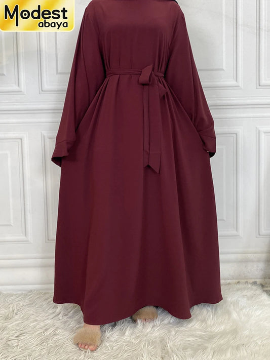 Solid Color Abaya Dress with Sash - Elegant Regular Fit Robe
