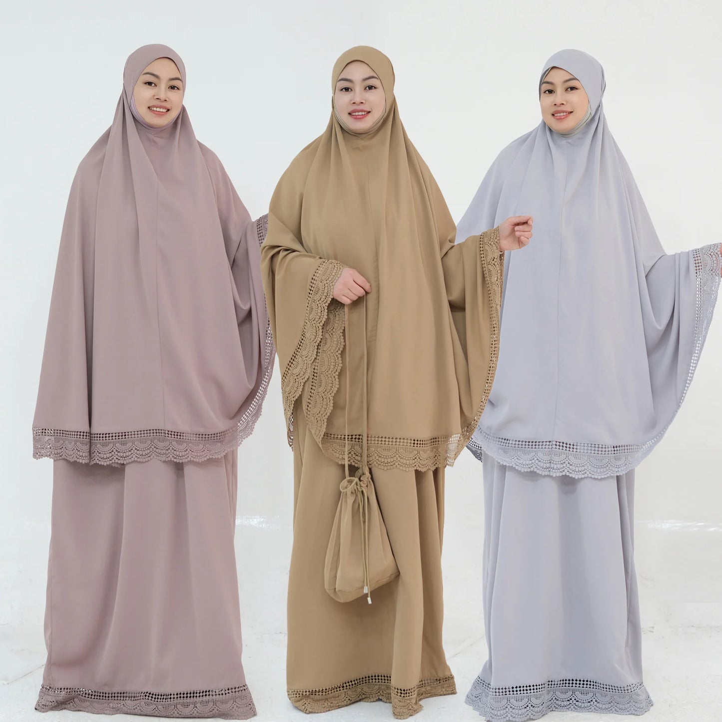 4-Piece Lace Trim Prayer Set - Complete Hijabi Salah Set with Khimar, Skirt, Rug & Pouch | Ramadan