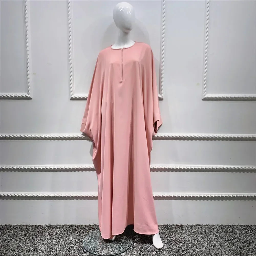 Muslim Women's Zipper Front Abaya - Modest Prayer Dress with Bat Sleeves