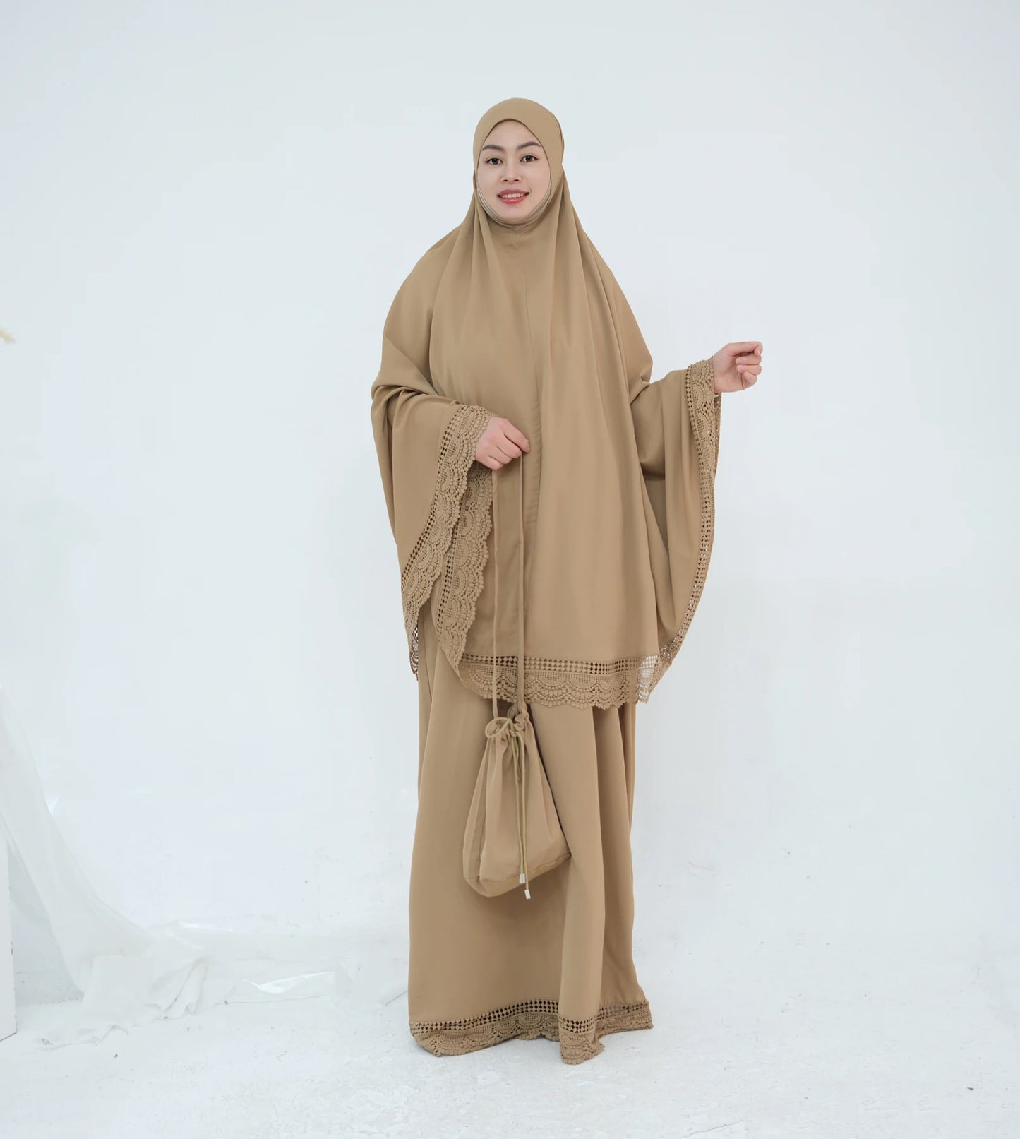 4-Piece Lace Trim Prayer Set - Complete Hijabi Salah Set with Khimar, Skirt, Rug & Pouch | Ramadan