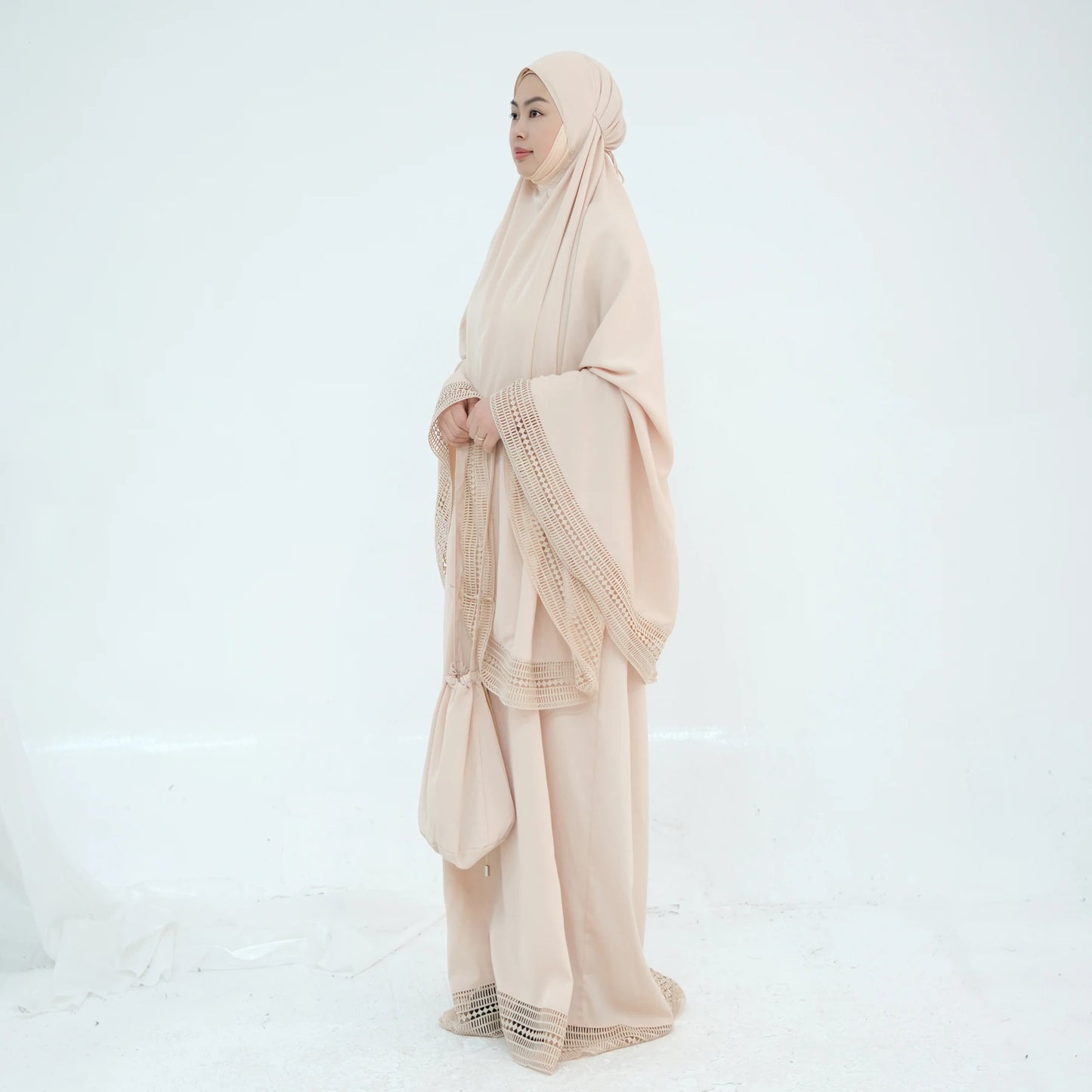 4-Piece Lace Trim Prayer Set - Complete Hijabi Salah Set with Khimar, Skirt, Rug & Pouch | Ramadan