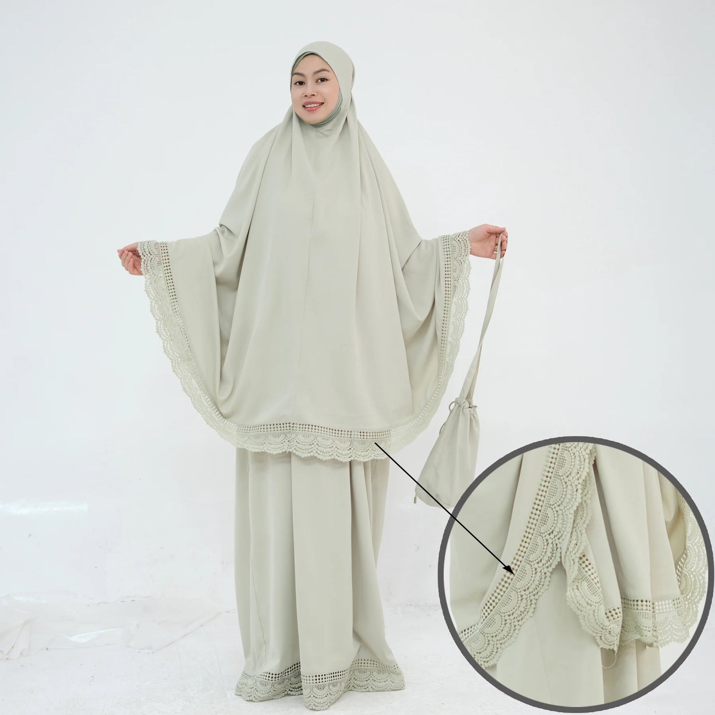 4-Piece Lace Trim Prayer Set - Complete Hijabi Salah Set with Khimar, Skirt, Rug & Pouch | Ramadan