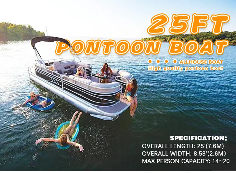 25ft Aluminum Pontoon Houseboat — Outboard Engine | 12–15 Persons