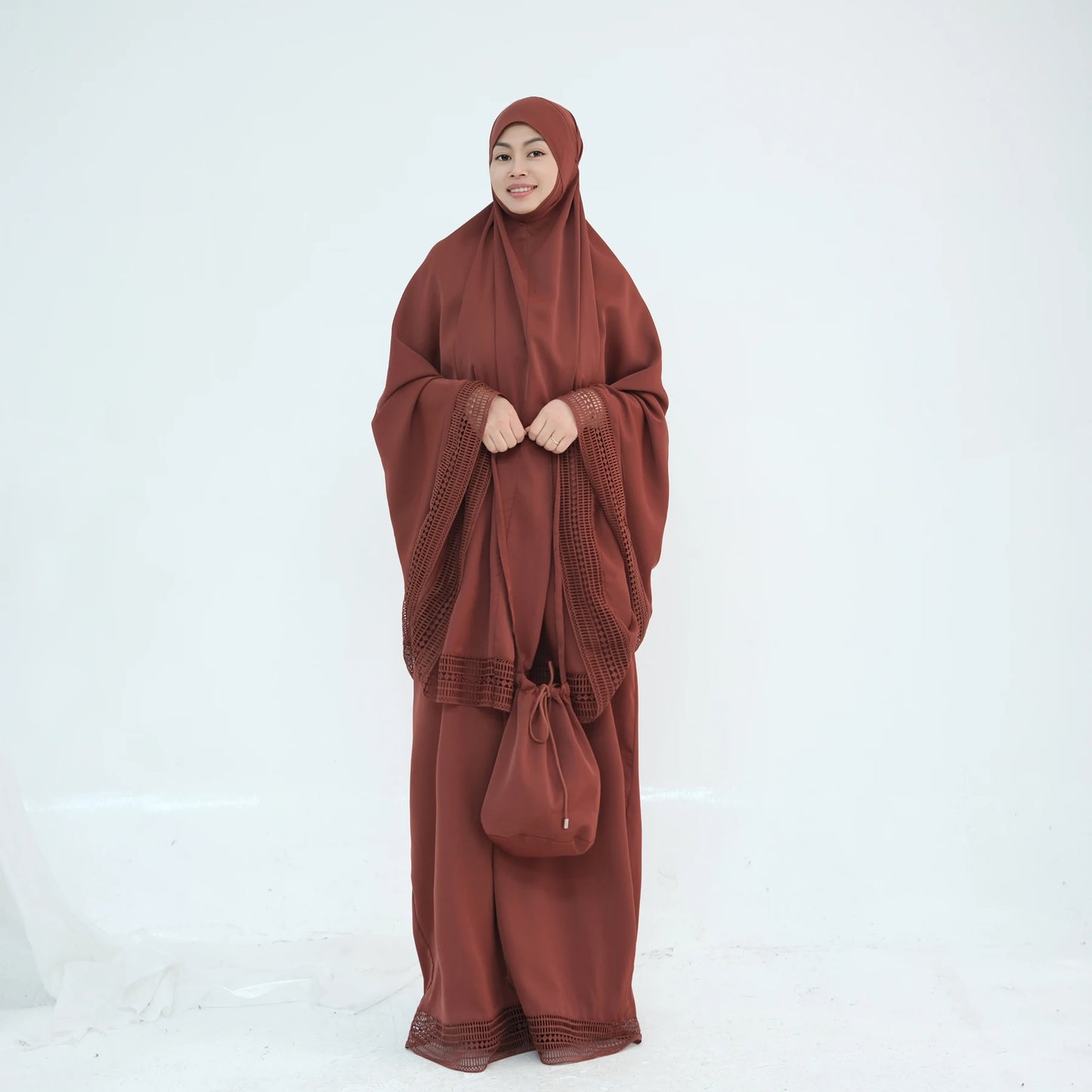 4-Piece Lace Trim Prayer Set - Complete Hijabi Salah Set with Khimar, Skirt, Rug & Pouch | Ramadan