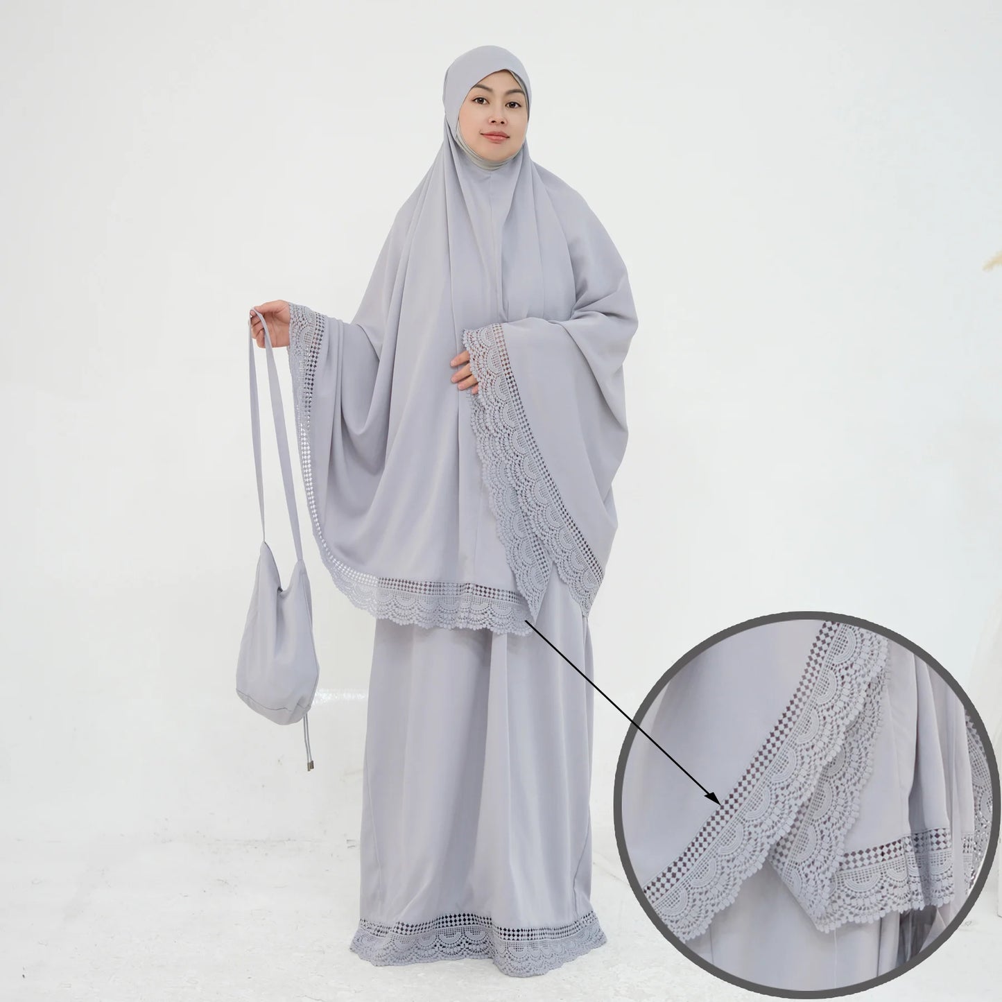 4-Piece Lace Trim Prayer Set - Complete Hijabi Salah Set with Khimar, Skirt, Rug & Pouch | Ramadan