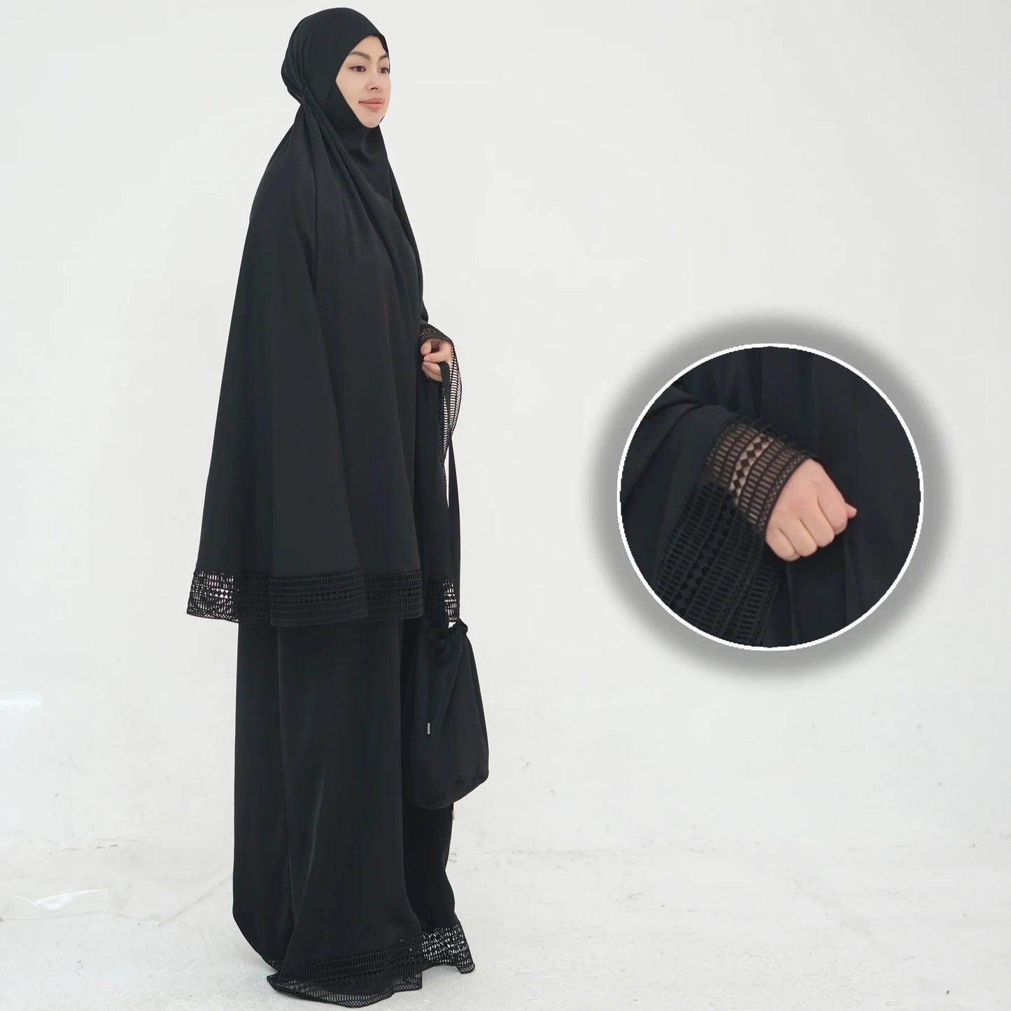 4-Piece Lace Trim Prayer Set - Complete Hijabi Salah Set with Khimar, Skirt, Rug & Pouch | Ramadan