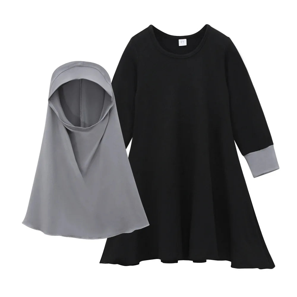 Muslim Girls Prayer Dress Set - 2-Piece Hijab Abaya with Headscarf for Children