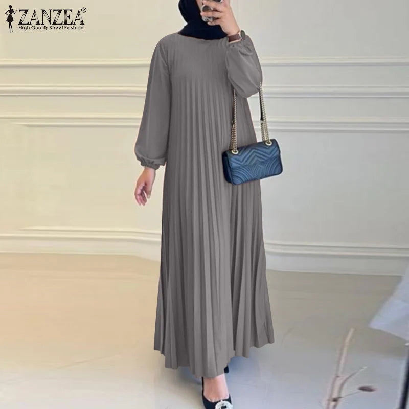 Pleated A-Line Abaya - Modest Long Dress with O-Neck