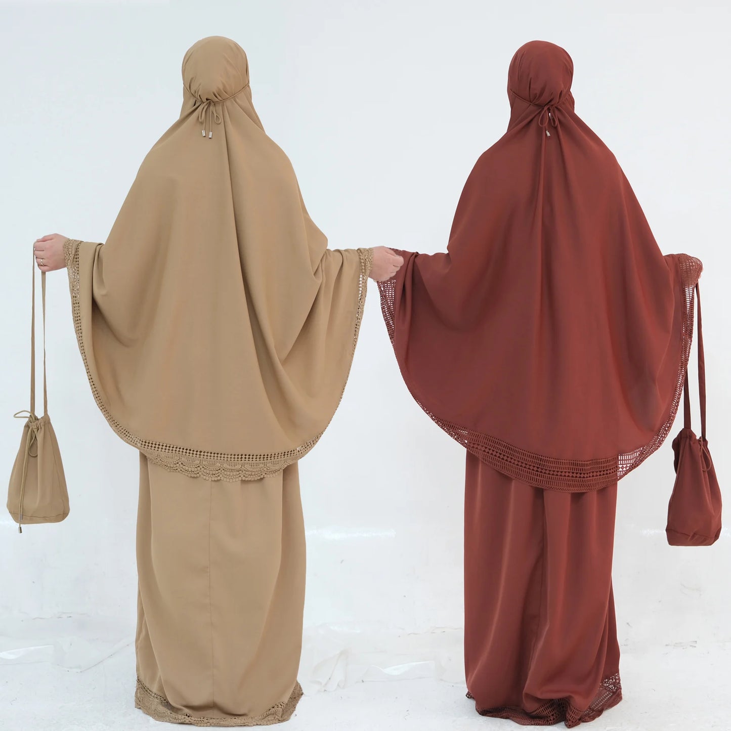 4-Piece Lace Trim Prayer Set - Complete Hijabi Salah Set with Khimar, Skirt, Rug & Pouch | Ramadan