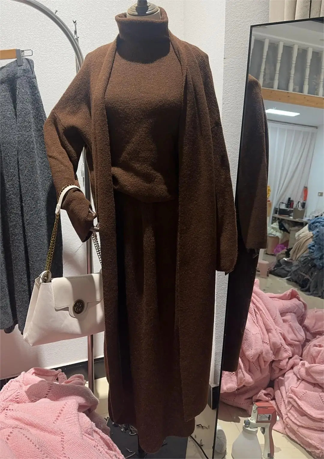 3-Piece Knitted Muslim Set - Cardigan, Waistcoat & Long Skirt Ensemble for Women