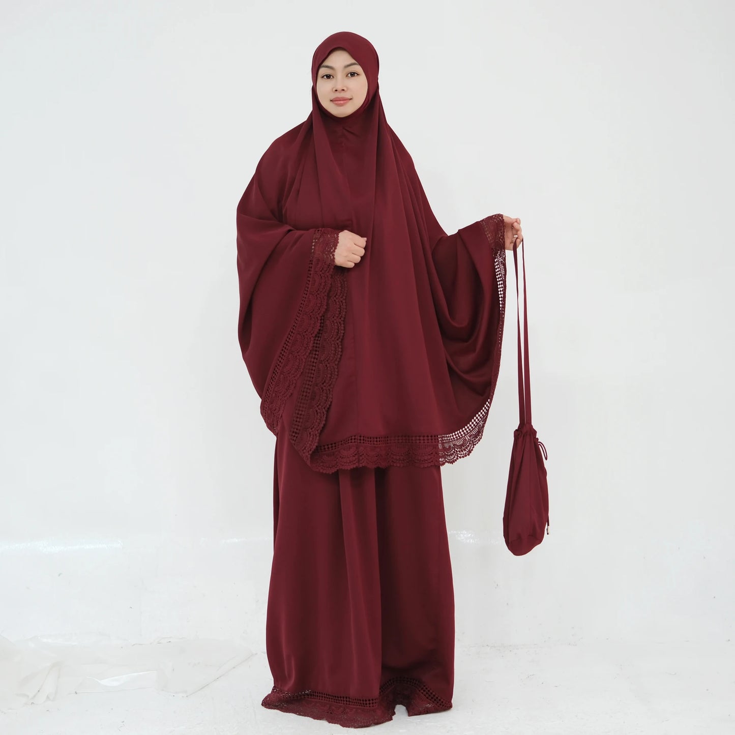 4-Piece Lace Trim Prayer Set - Complete Hijabi Salah Set with Khimar, Skirt, Rug & Pouch | Ramadan
