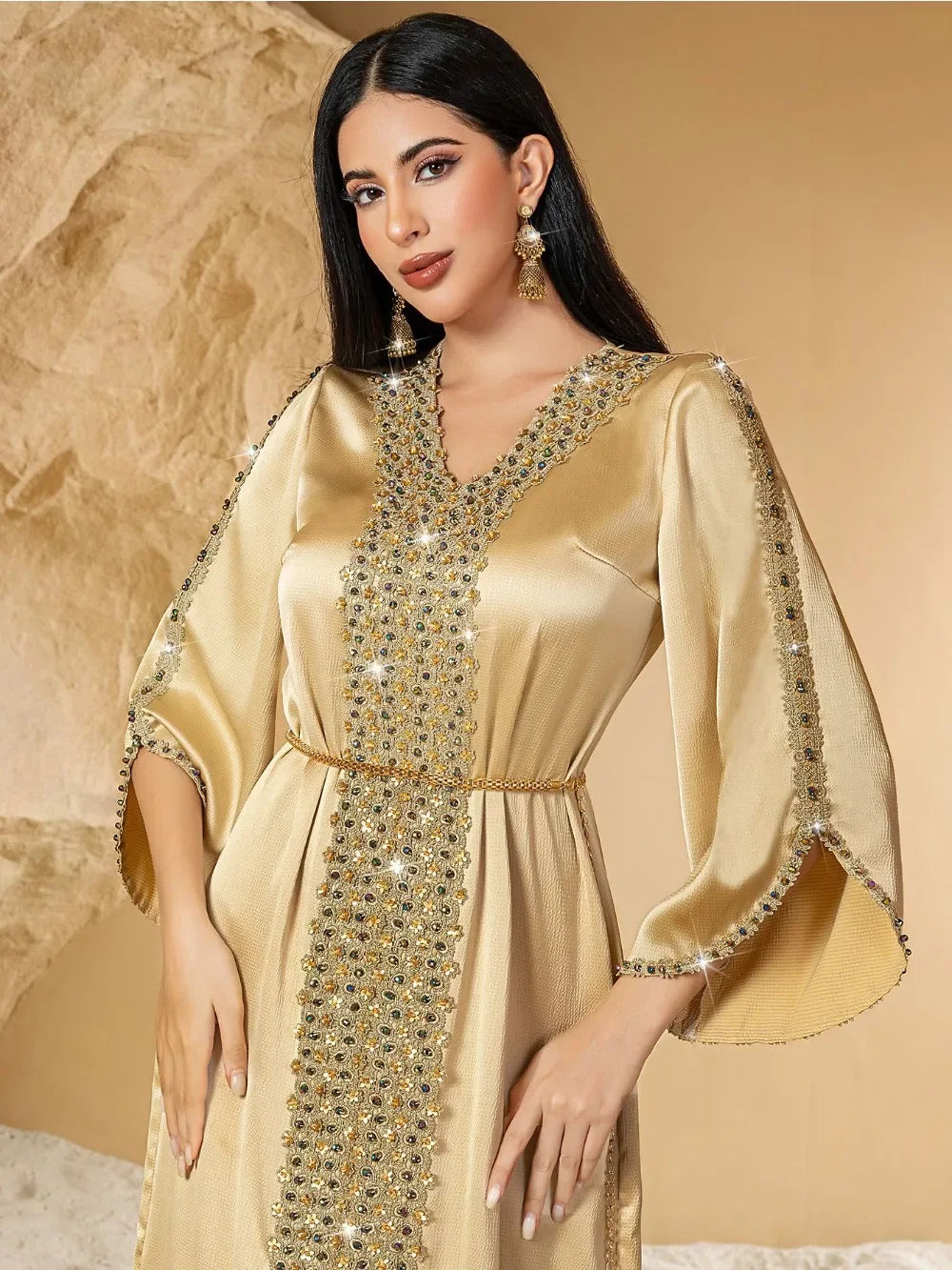 Lace & Diamond Embellished Party Abaya - Elegant Long Robe