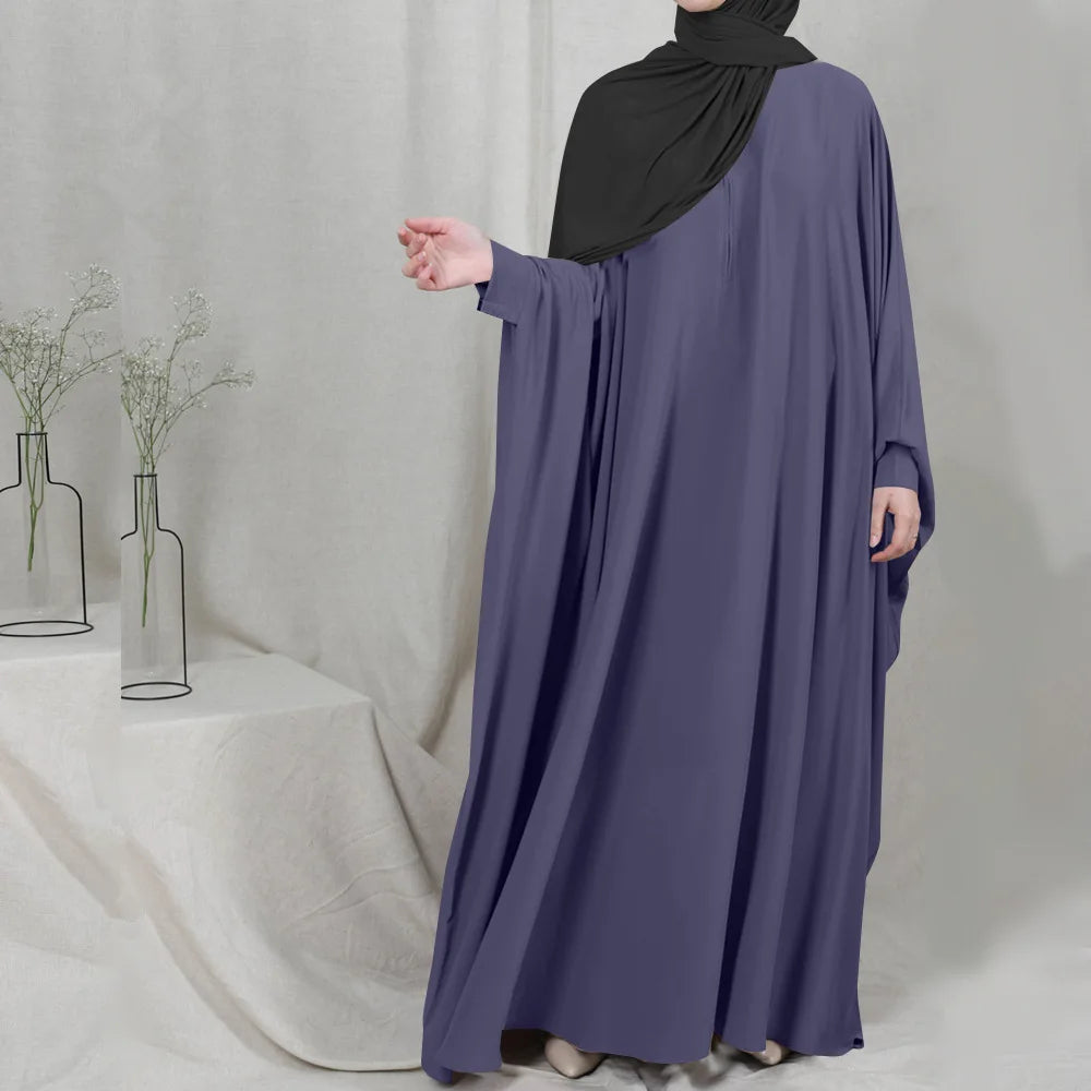 Muslim Women's Zipper Front Abaya - Modest Prayer Dress with Bat Sleeves