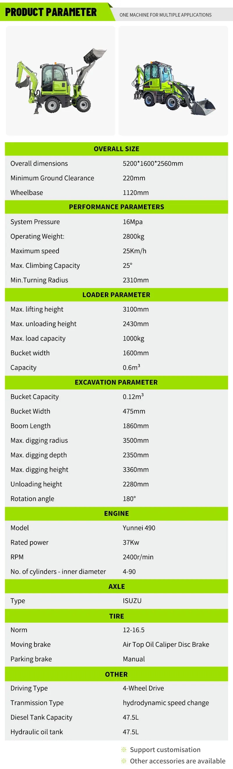 2 Ton Backhoe Loader – 24HP Tractor Excavator with 4-Wheel Drive | Heavy Duty Construction Equipment
