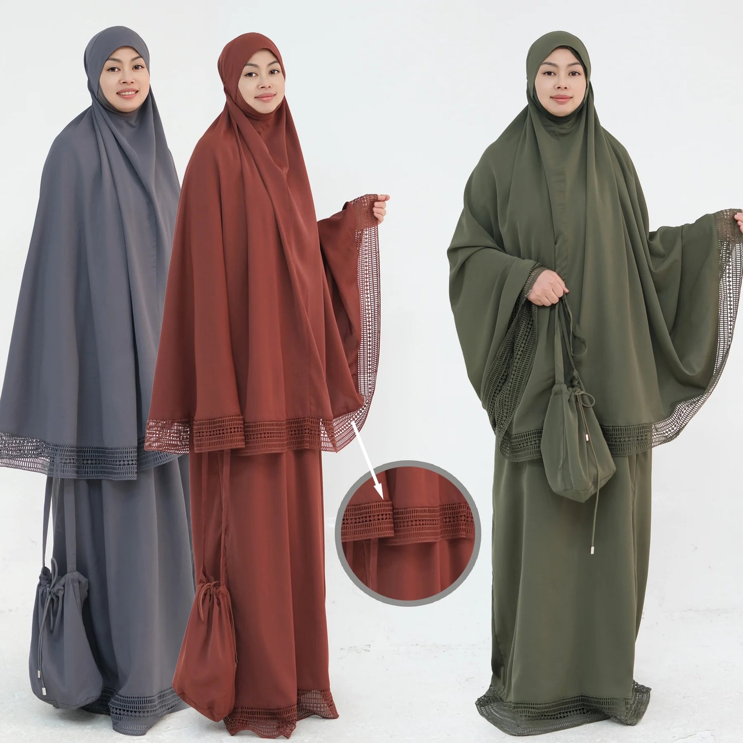 4-Piece Lace Trim Prayer Set - Complete Hijabi Salah Set with Khimar, Skirt, Rug & Pouch | Ramadan