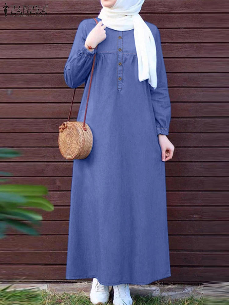 Denim Blue Long Sleeve Abaya - Loose Casual Maxi Dress