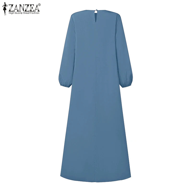 Pleated A-Line Abaya - Modest Long Dress with O-Neck