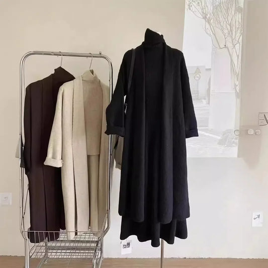 3-Piece Knitted Muslim Set - Cardigan, Waistcoat & Long Skirt Ensemble for Women