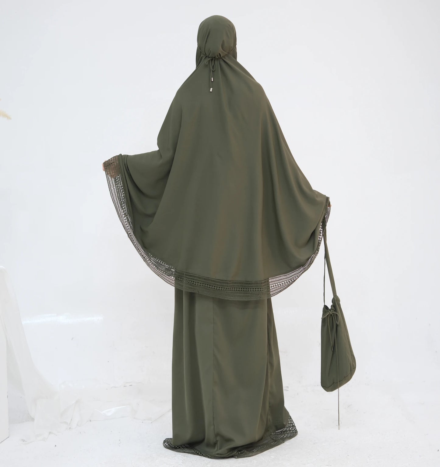 4-Piece Lace Trim Prayer Set - Complete Hijabi Salah Set with Khimar, Skirt, Rug & Pouch | Ramadan