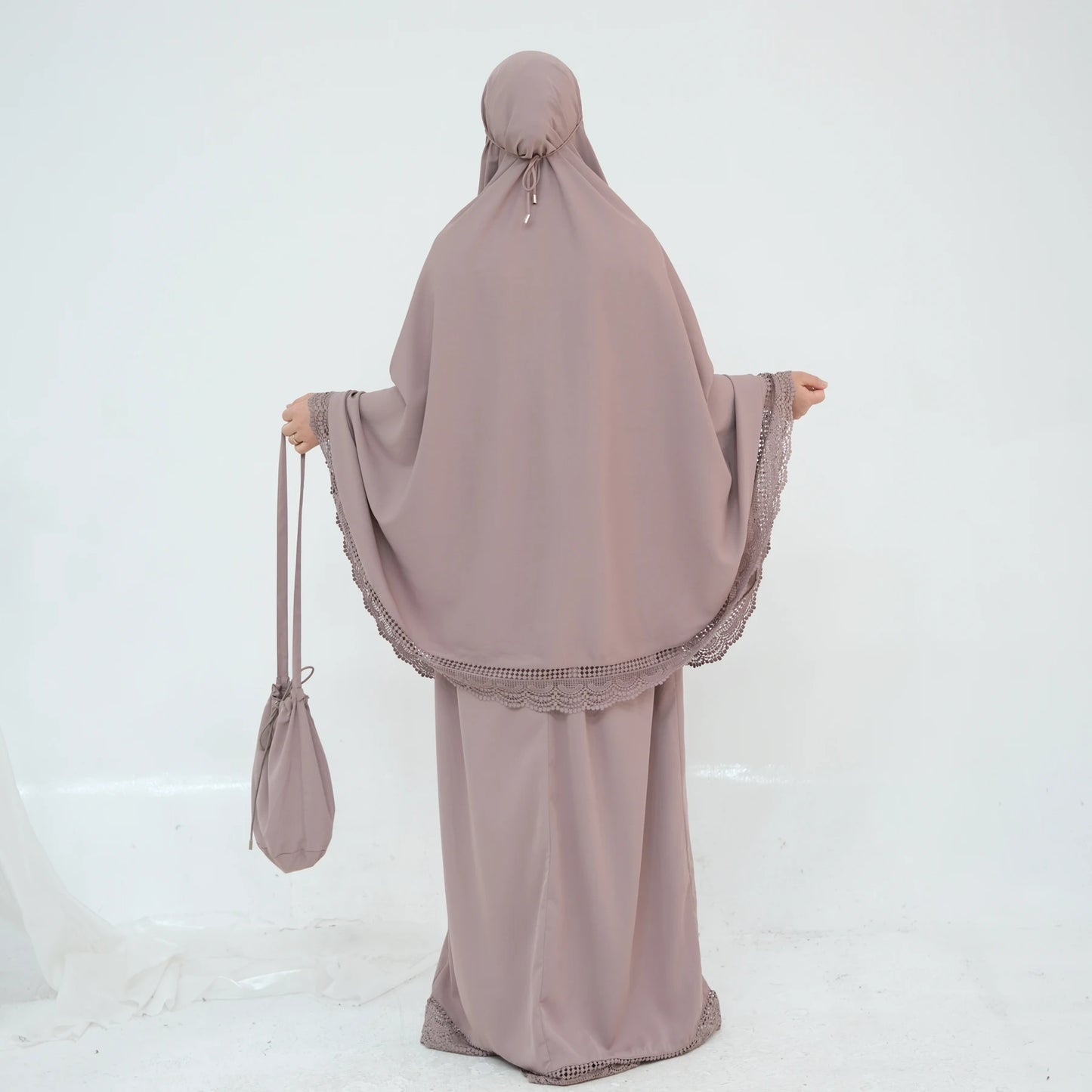 4-Piece Lace Trim Prayer Set - Complete Hijabi Salah Set with Khimar, Skirt, Rug & Pouch | Ramadan