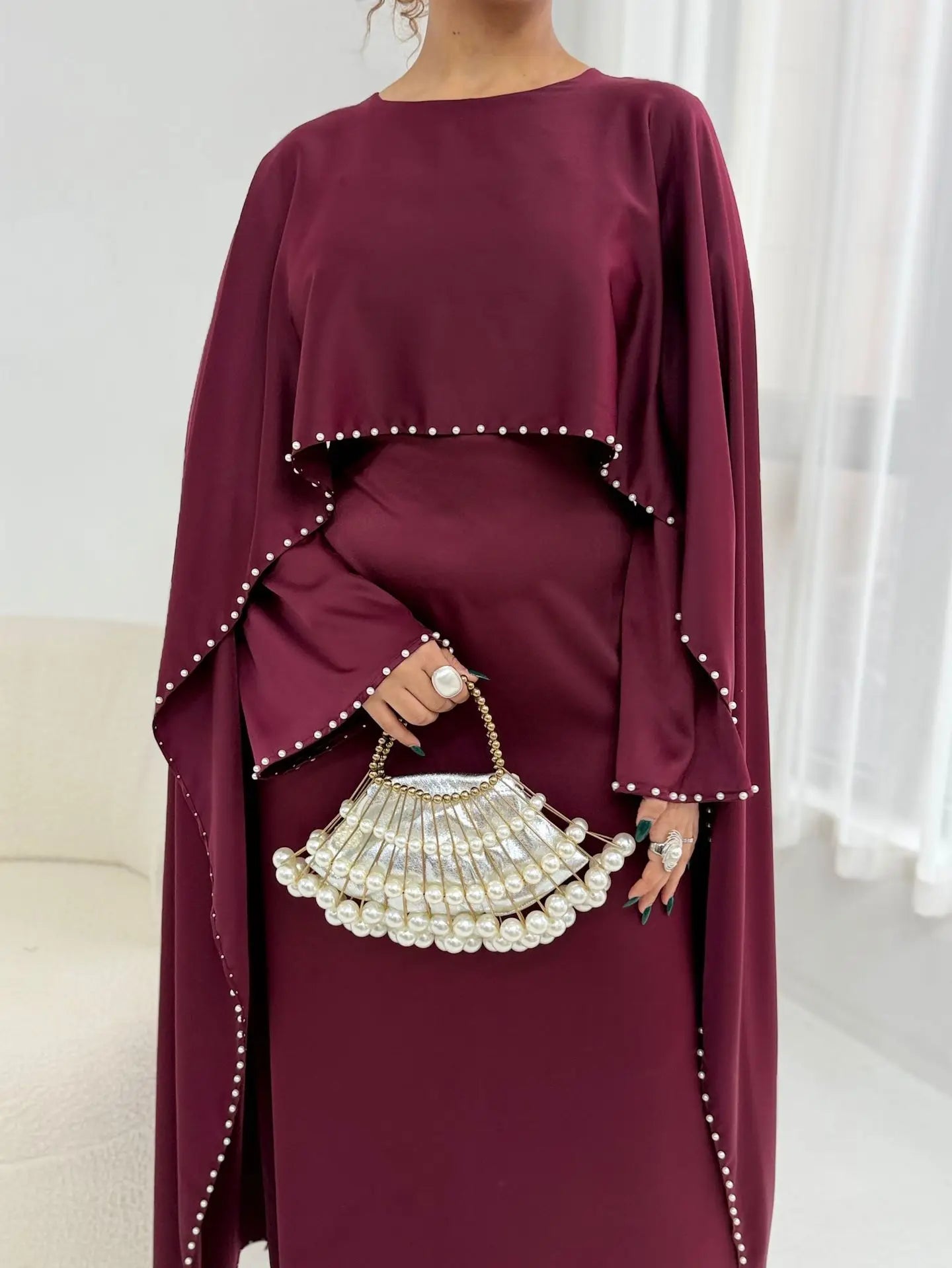 Elegant Beaded Muslim Party Dress - Long Sleeve Abaya Jalabiya for Eid & Ramadan