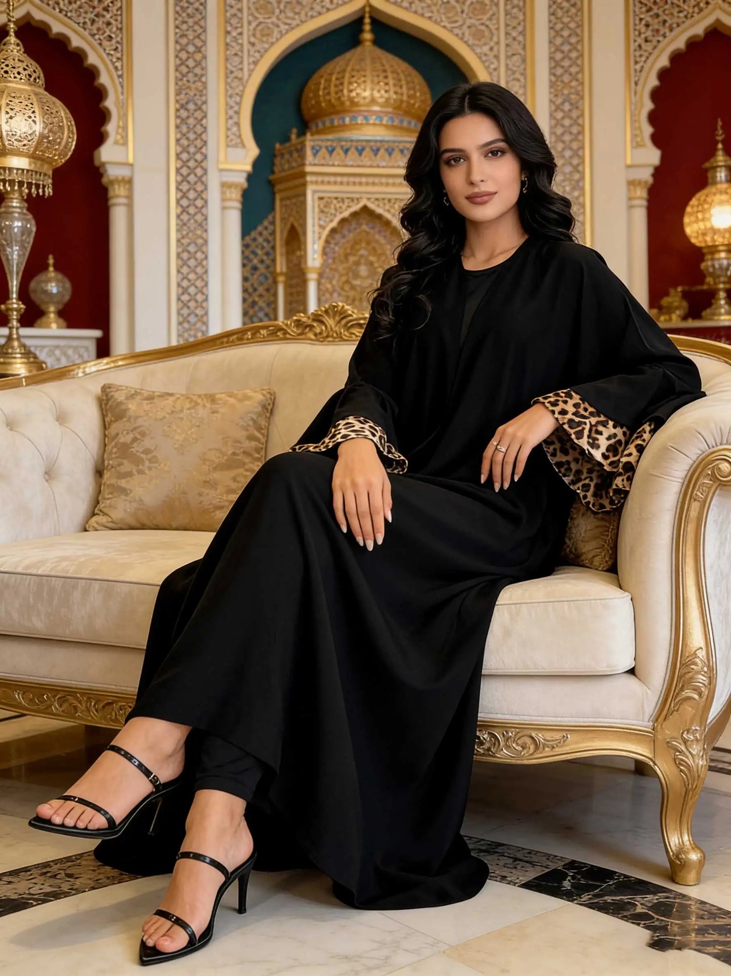 Black Open-Front Abaya with Leopard Print Bell Sleeves