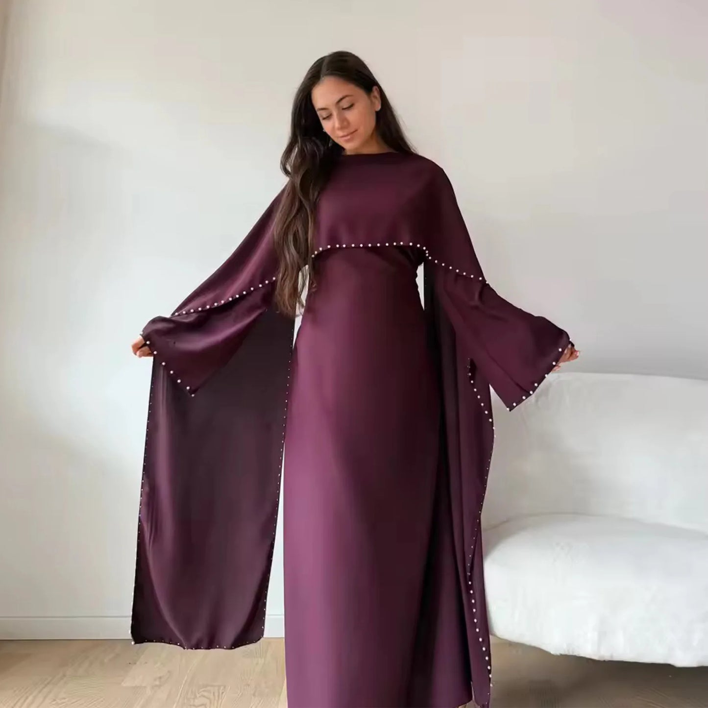 Elegant Beaded Muslim Party Dress - Long Sleeve Abaya Jalabiya for Eid & Ramadan
