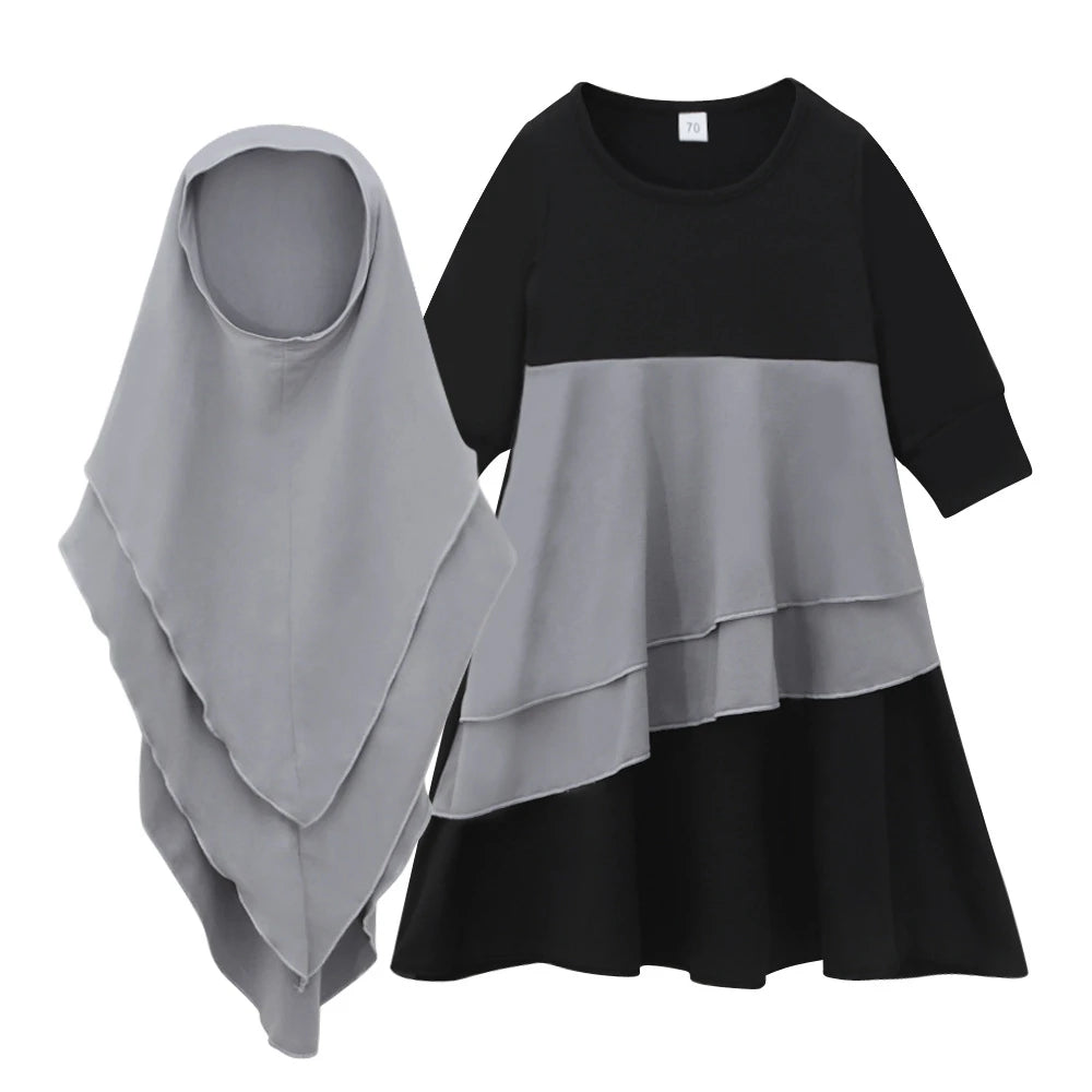 Muslim Girls Prayer Dress Set - 2-Piece Hijab Abaya with Headscarf for Children