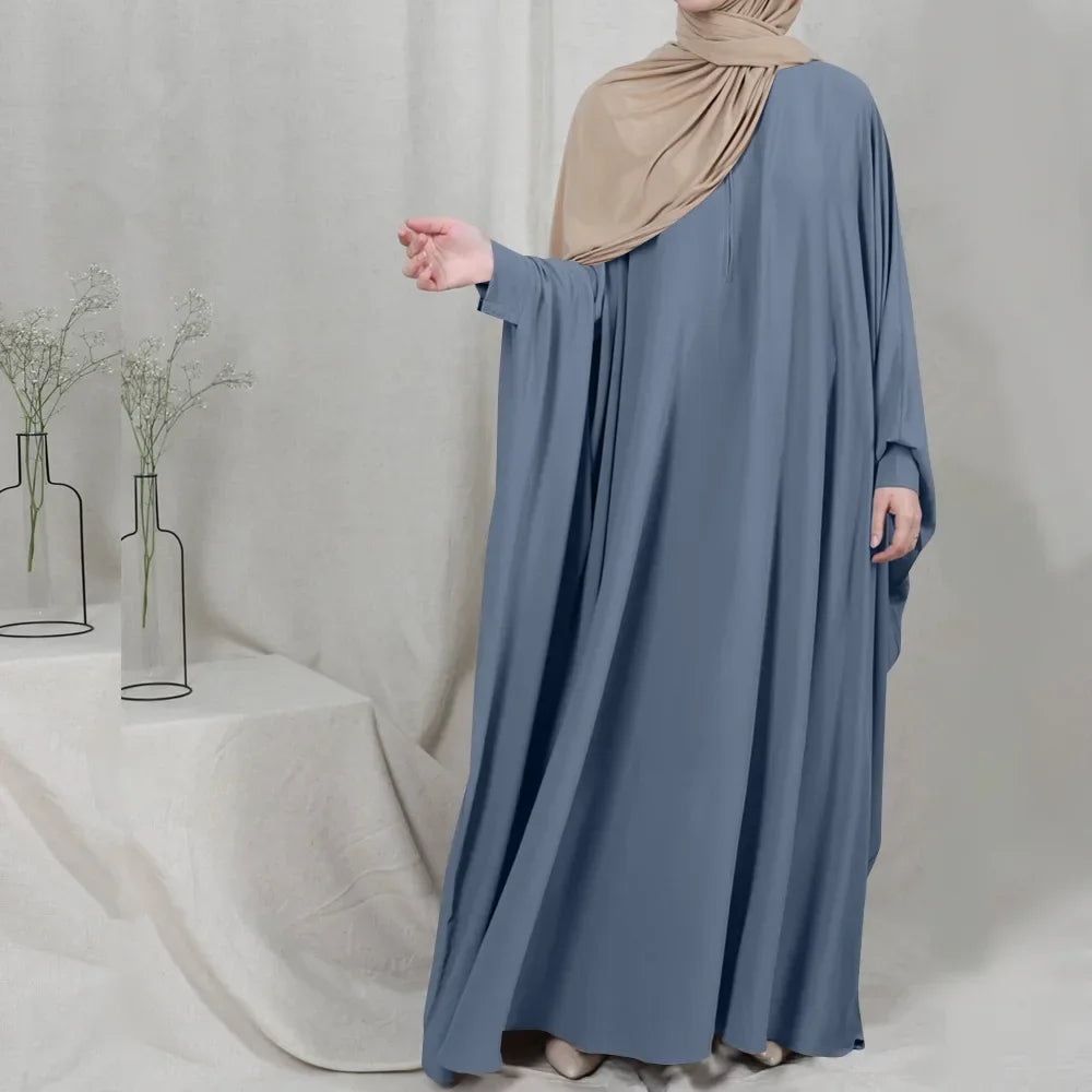 Muslim Women's Zipper Front Abaya - Modest Prayer Dress with Bat Sleeves