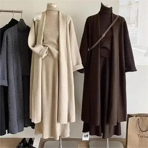 3-Piece Knitted Muslim Set - Cardigan, Waistcoat & Long Skirt Ensemble for Women