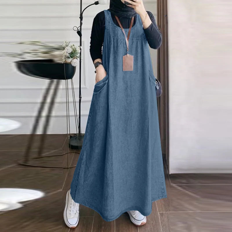 Denim Overall Dress with Pockets - Casual A-Line Maxi
