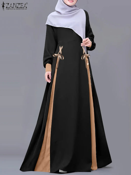 ZANZEA Patchwork Muslim Dress - Elegant Long Sleeve Abaya for Women | Eid & Dubai Fashion