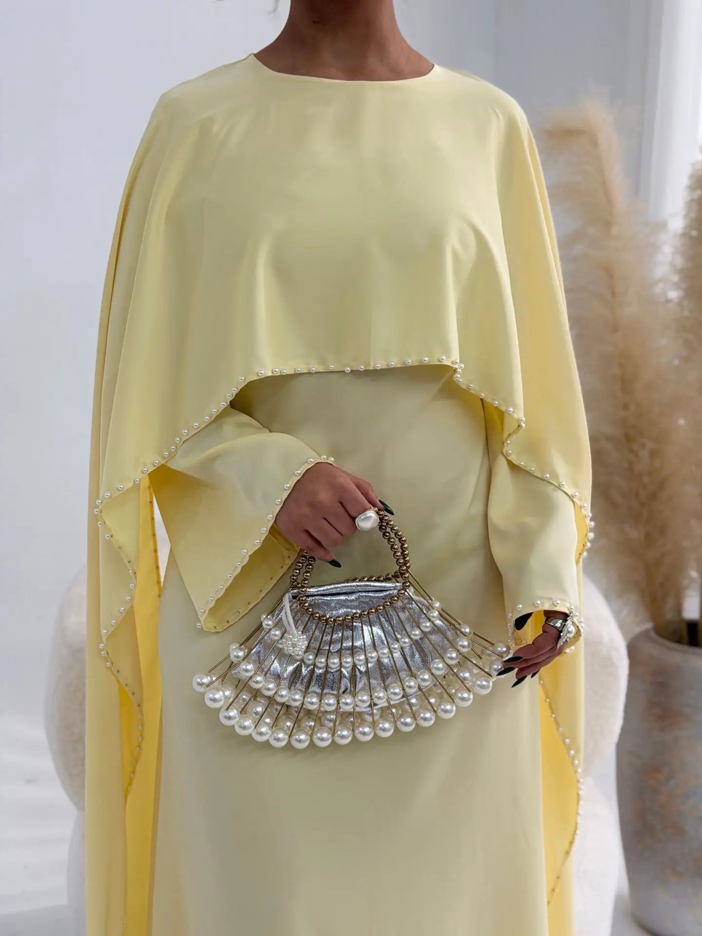 Elegant Beaded Muslim Party Dress - Long Sleeve Abaya Jalabiya for Eid & Ramadan