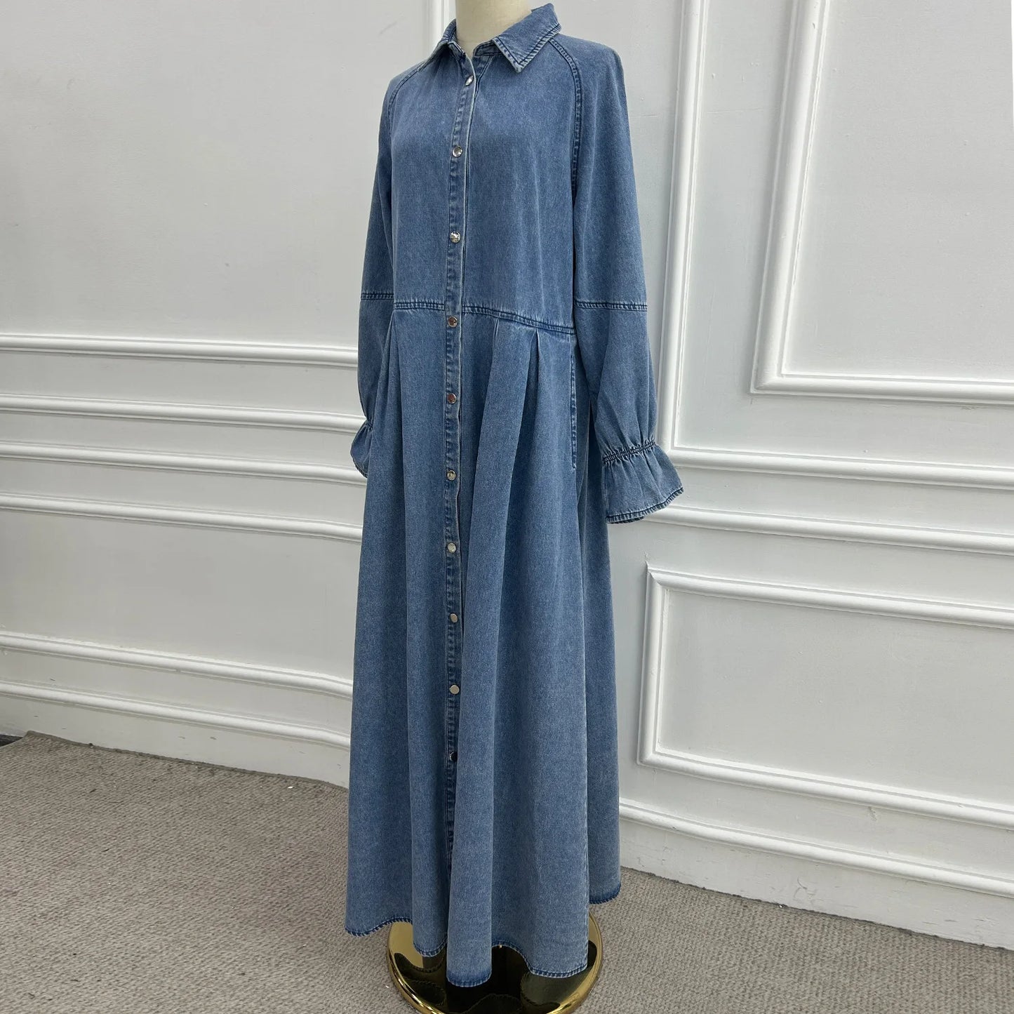 Denim Maxi Abaya Dress - Single Breasted Long Sleeve Muslim Dress for Women