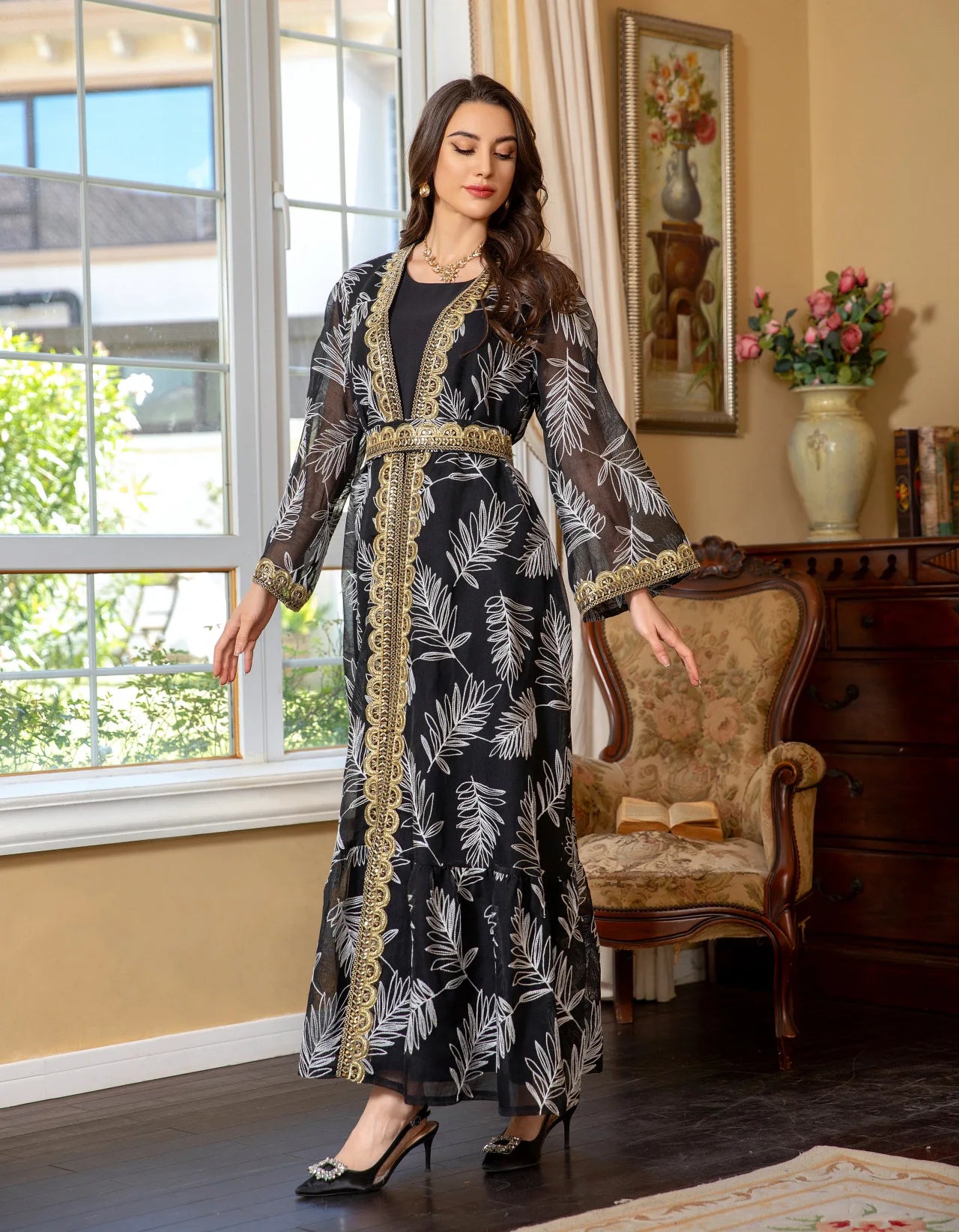 2-Piece Mesh Embroidered Muslim Set - Elegant Kaftan Robe Outfit for Women | Summer 2026