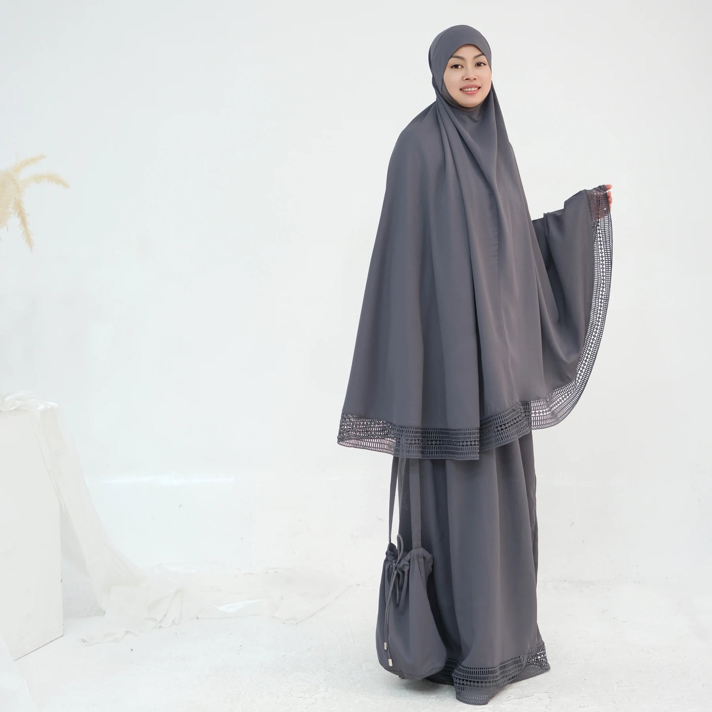 4-Piece Lace Trim Prayer Set - Complete Hijabi Salah Set with Khimar, Skirt, Rug & Pouch | Ramadan