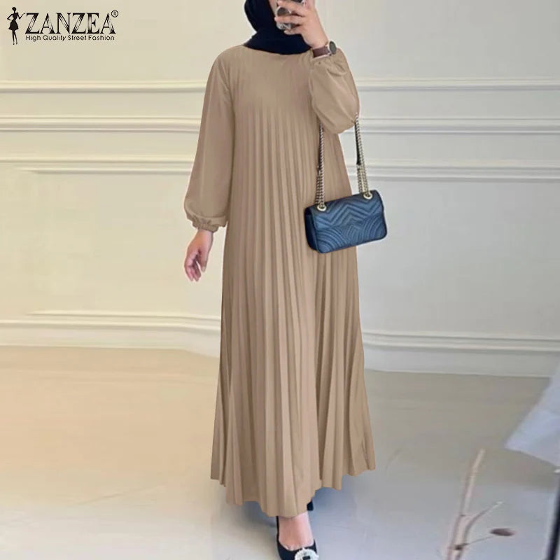 Pleated A-Line Abaya - Modest Long Dress with O-Neck