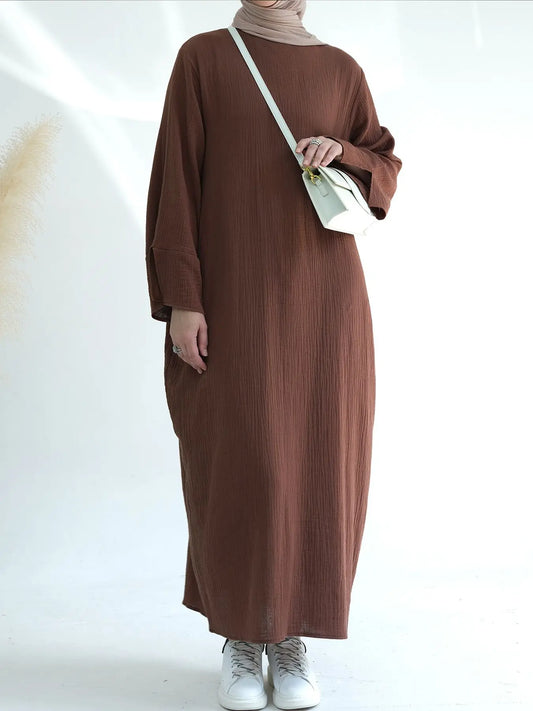 100% Crumpled Cotton Abaya - Loose Long Dress with Full Sleeves | Ramadan & Prayer
