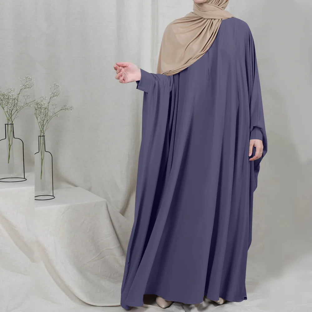 Muslim Women's Zipper Front Abaya - Modest Prayer Dress with Bat Sleeves