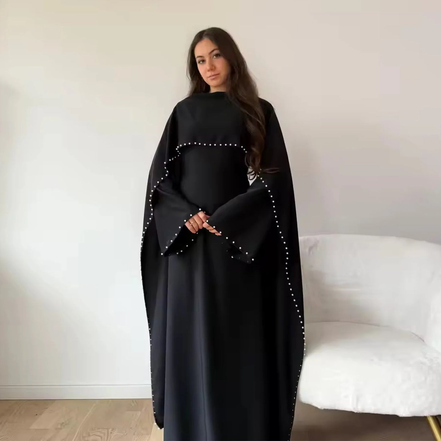 Elegant Beaded Muslim Party Dress - Long Sleeve Abaya Jalabiya for Eid & Ramadan
