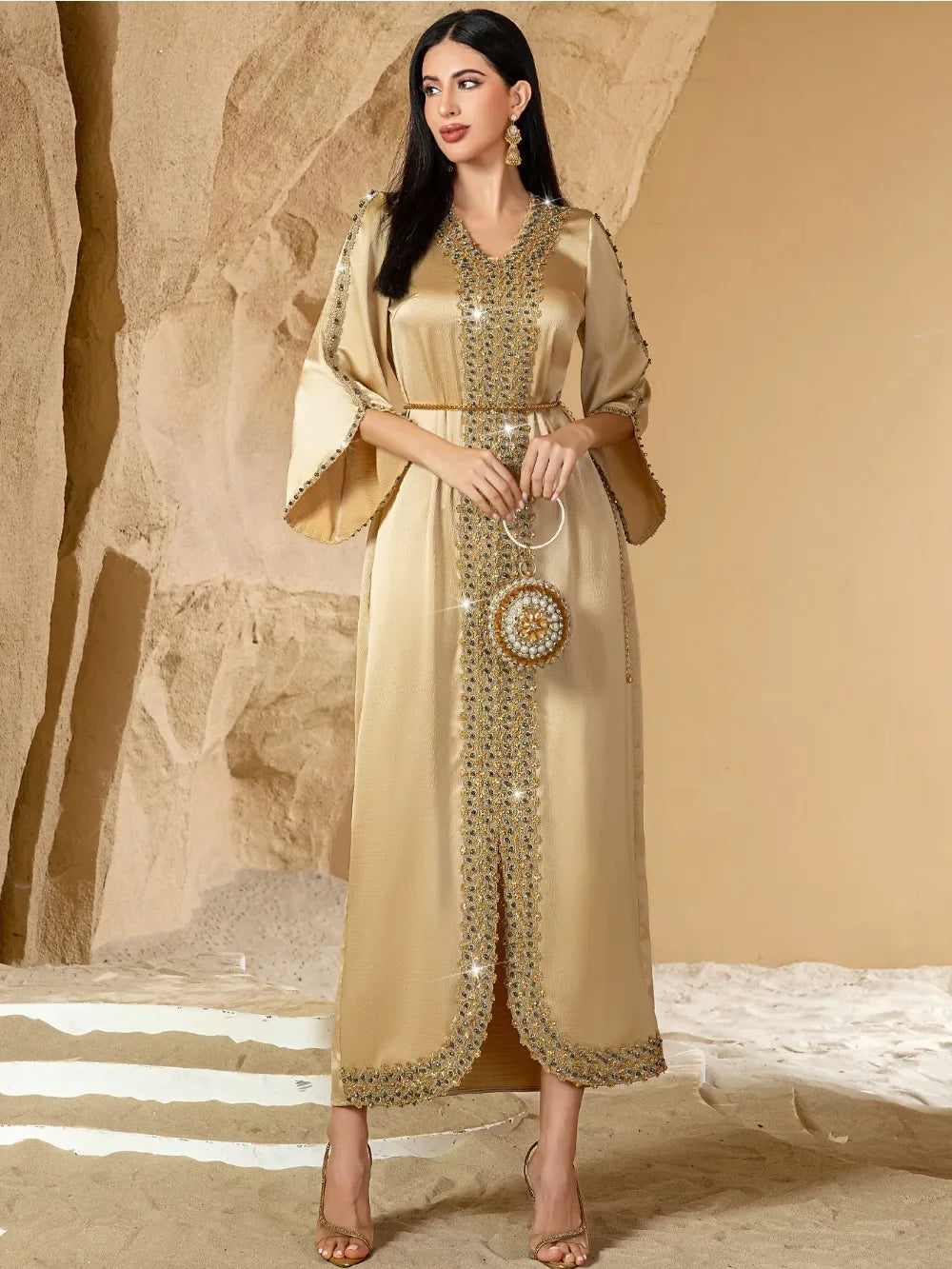 Lace & Diamond Embellished Party Abaya - Elegant Long Robe