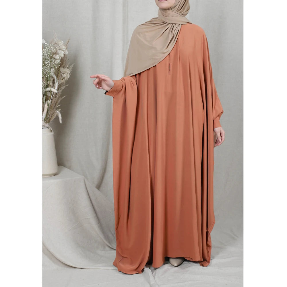 Muslim Women's Zipper Front Abaya - Modest Prayer Dress with Bat Sleeves