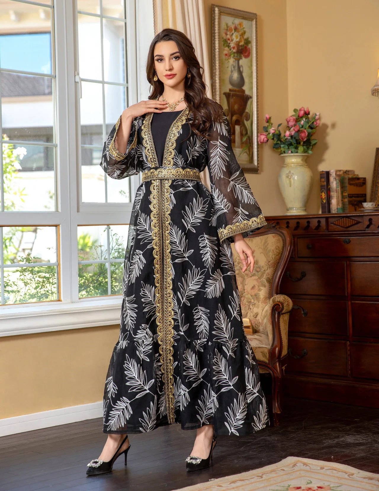 2-Piece Mesh Embroidered Muslim Set - Elegant Kaftan Robe Outfit for Women | Summer 2026