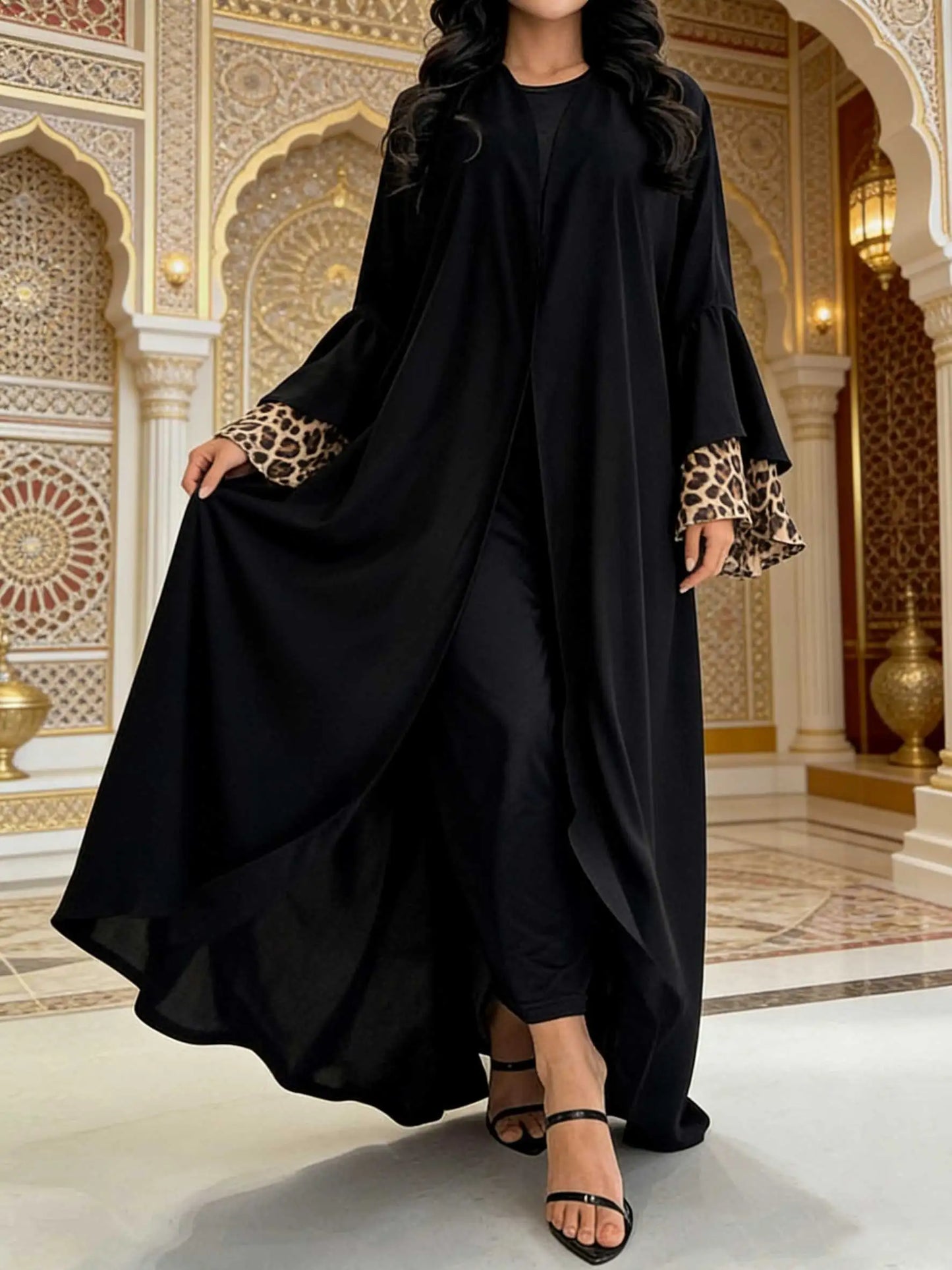 Black Open-Front Abaya with Leopard Print Bell Sleeves