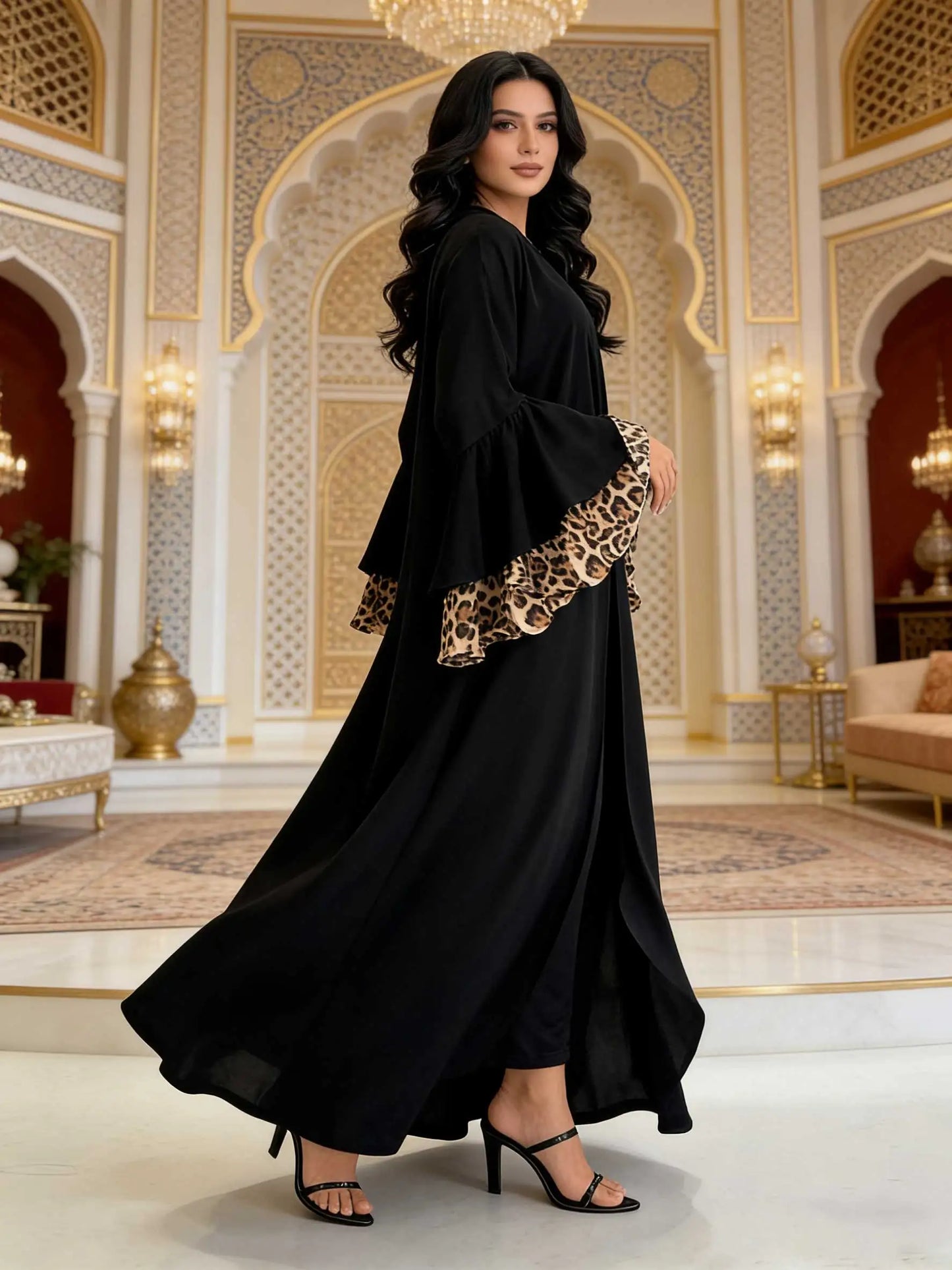 Black Open-Front Abaya with Leopard Print Bell Sleeves